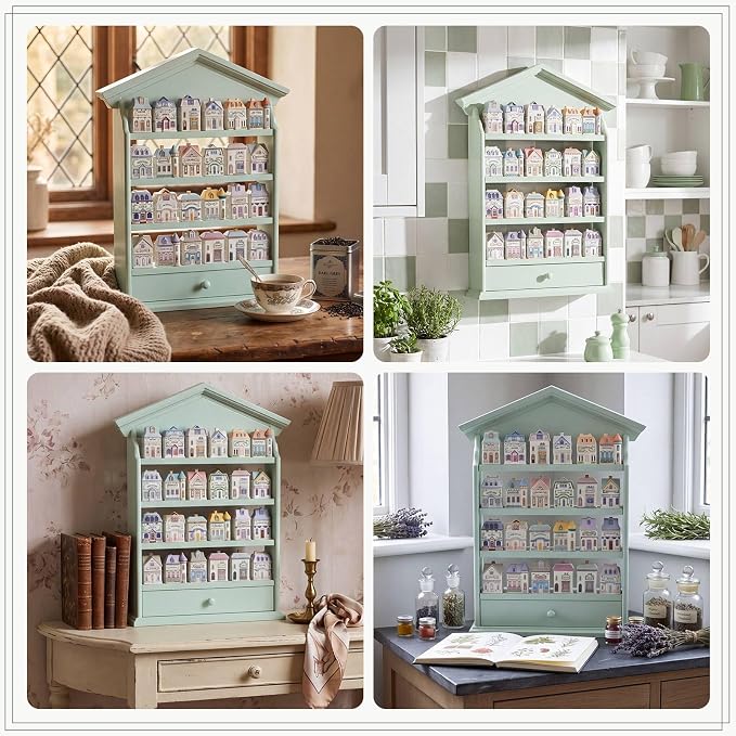 Chunful Vintage Spice Jar Wooden Rack with 4 Tier Hanging Spice Rack Wall Mounting Kitchen Storage Village Style Display Shelf for 24 Jar, Christmas Wedding Bridal Gift, Shelf Only(Classic Sage Green)