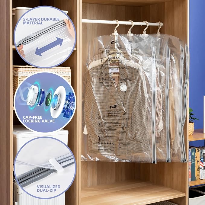 Hanging Vacuum Storage Bags, 4 Pack Short Size 41.3 x27.6 inch, Vacuum Seal Bags for Clothing, Space Saver Garment for Short Clothes, Coats, Suits, Dresses, Closet Oragnization and Storage