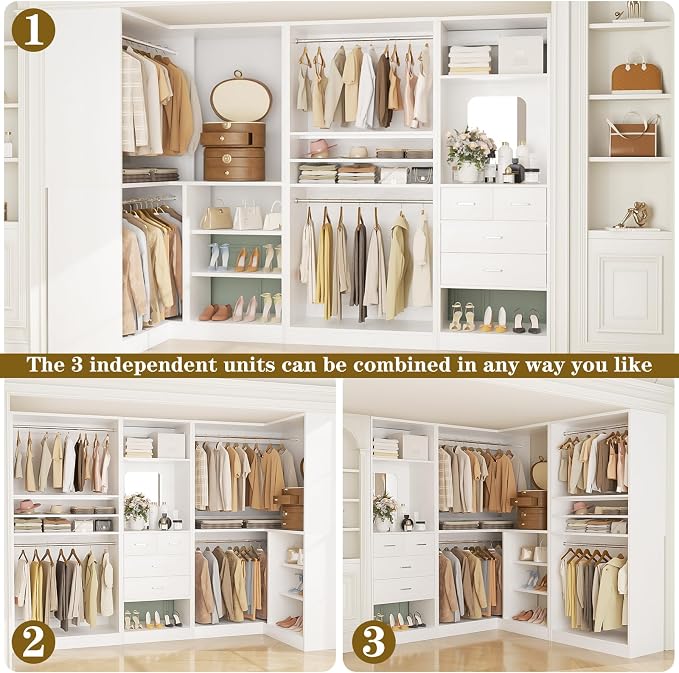 Unikito 97" Modular Closet Organizer System, Wood Wardrobe with 4 Hanging Rods, Corner Closet Unit with Mirror and Drawers, Customizable Walk-In Closet Organizer, White