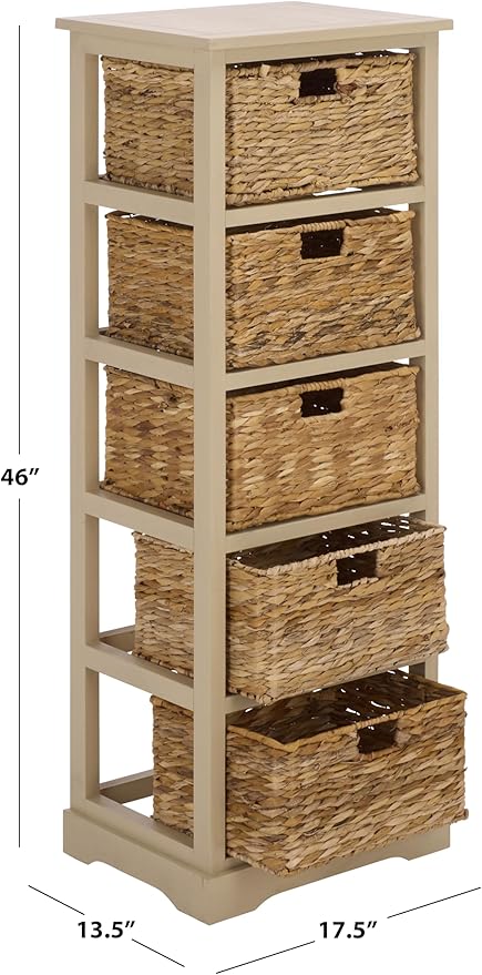 SAFAVIEH Home Collection – Vedette Sand 5-Basket Storage Tower, Natural Rattan Accent Design, Fully Assembled (AMH5739G)