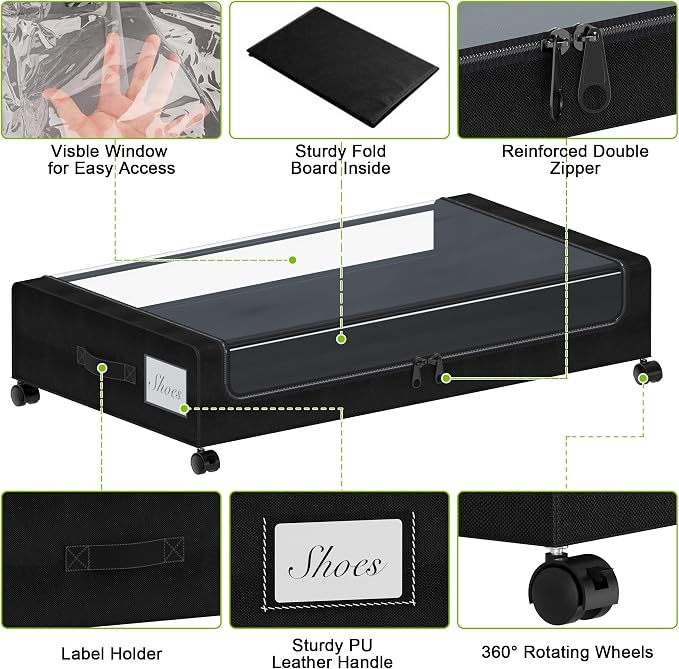 Tututry Under Bed Storage with Wheels, XXL 60L Under the Bed Storage Bins, Underbed Storage Containers with Lids & Label, Rolling Metal Drawer for Shoes, Clothes, Books, Toys (2-Pack Black)