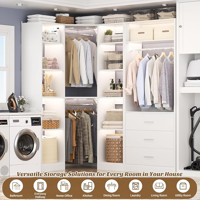 Besiost Corner Closet System with 3 Drawers, Corner Closet Organizer System with 13 Shelves & 3 Hanging Rods, 63.2"L * 39.2"W Reversible L Shaped Walk-in Closets, Load 2000+LBS, White