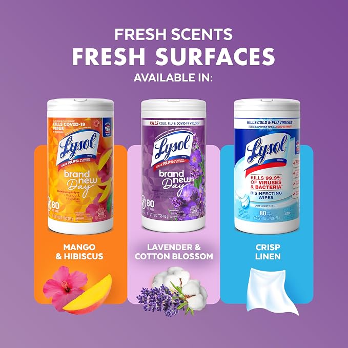 Lysol Disinfecting Wipes, Multi-Surface Cleaner, Lavender, 80 ct. | All Purpose Cleaner, Sanitizing, Deodorizing, Apartment Essentials, Back To School Cleaning Supplies, Kitchen & Bathroom Wipe