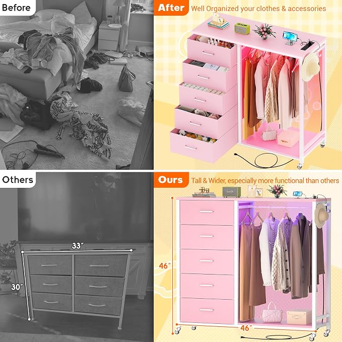 Cyclysio Storage Clothes Rack with 5 Drawers, Garment Rack with Charging Station & LED Lights, Fabric Chest Shelves Clothing Rack, Wooden Portable Wardrobe Closet