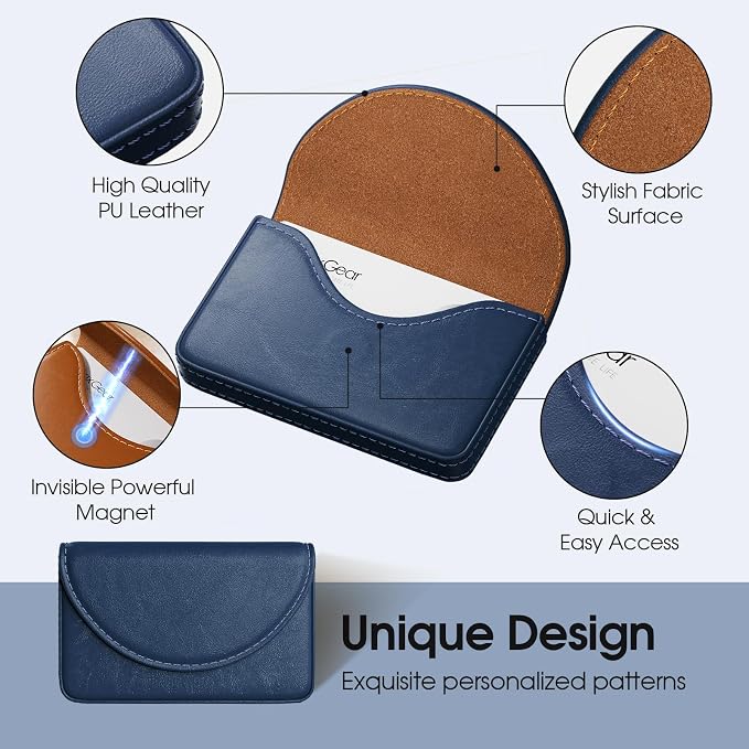 MaxGear Business Card Holder Case, PU Leather Business Card Case, Navy Blue | Pocket Name Card Holder Wallet for Purse, Portable Business Card Carrier with Magnetic Closure, Slim Stylish Men Women Gift
