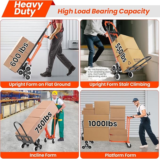 Heavy Duty 3 in 1 Convertible Hand Truck, 1000Lbs Aluminum Folding Stair Climbing Dolly with Solid Wheels for Logistics/Moving/Shopping/Office