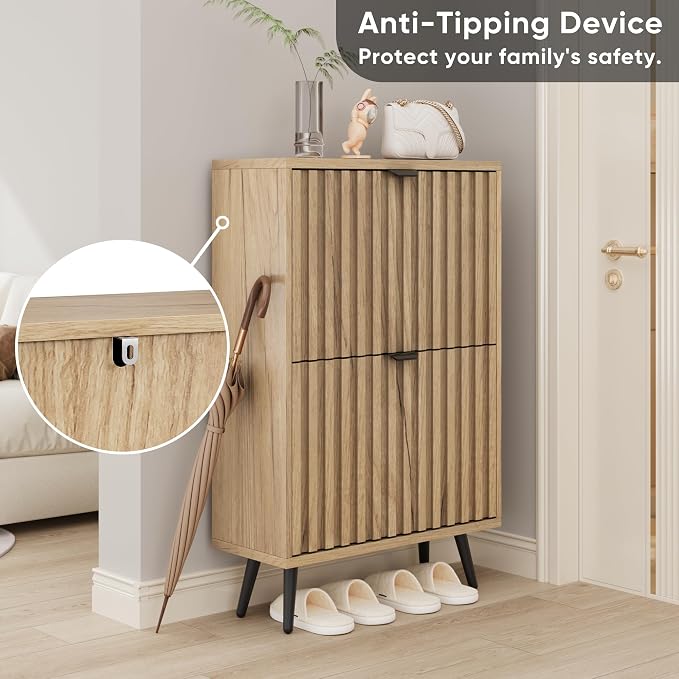 Smuxee Shoe Cabinet with 2 Flip Drawers, 23.6" Natural Hidden Shoe Storage Cabinet with Fluted Design, Freestanding Shoe Organizer Cabinet for Entryway, Hallway, Closet, Living Room