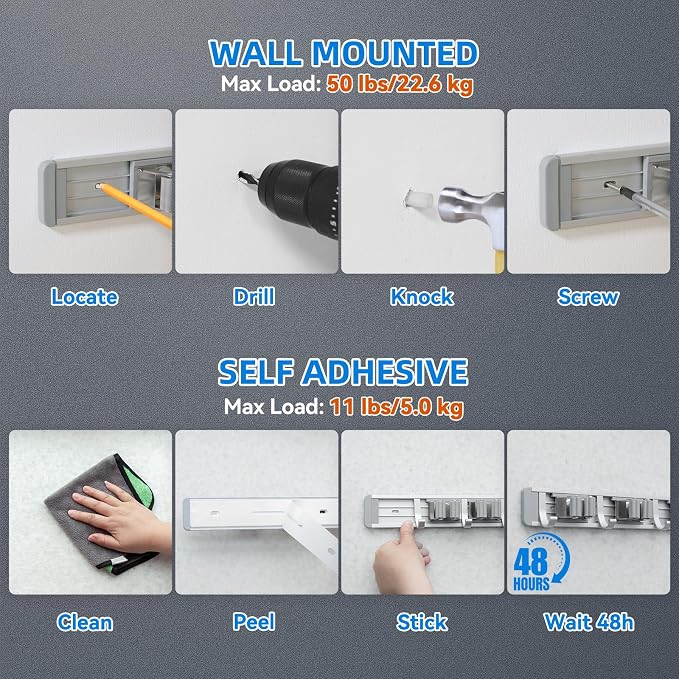 reliahom Broom Holder Wall Mount Mop Hanger Tools organizer 4Racks 5Hooks | Adjustable Stick or Screw Mop Broom Wall Hanging Tool Storage Rack Space-saving for Garage,Kitchen,Laundry Room,Garden,Gray