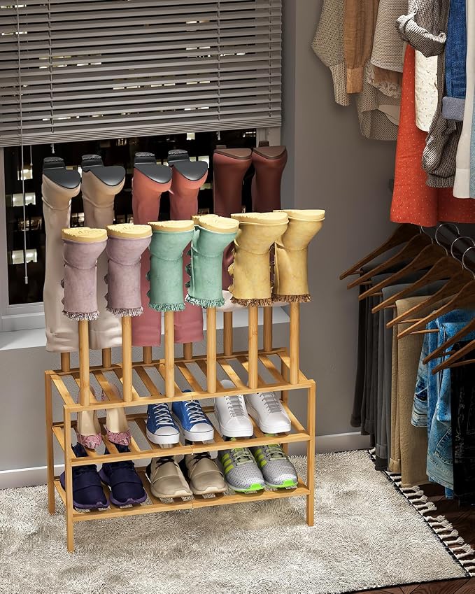viewcare Boot Rack with Shoe Rack, Boot Rack Organizer Tall Boots for Closet, Bamboo Wood Shoe Shelf Storage Organizer for Entryway Small Space