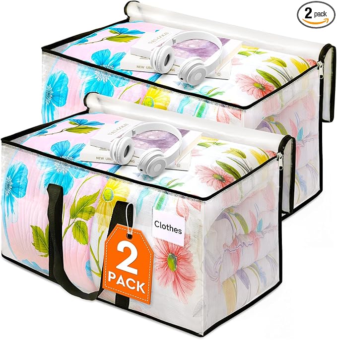 HomeHacks Clear Moving Bags Heavy Duty 2 Pack, Storage Bags with Zipper, Extra Thick Handles & Waterproof Packing Boxes for Moving, Camping, Home Organization 93L/24Gal (28.7"x14.2"x14")