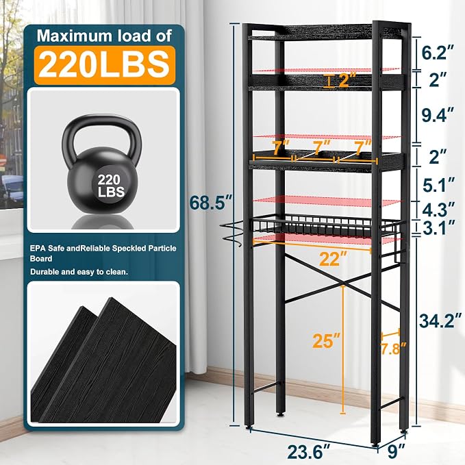 Over The Toilet Storage Cabinet,4 Tier Bathroom Organizer and Storage With Adjustable Shelf Waterproof Feet Pad and Basket Multifunctional Space Saver Freestanding Bathroom Shelves With Dividers Black