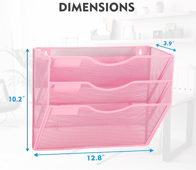 EASEPRES Magnetic 3 Pocket Mesh Hanging Wall File Organizer, Wall Mounted Mail Paper Document Folder Holder, Clipboard Storage Magazine Rack with Nametag Label for Office Home School, Pink
