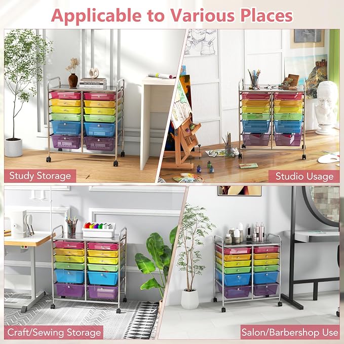 DREAMADE Rolling Cart with Storage Drawers, Utility Cart with Removable Plastic Drawers, Lockable Wheels, Art Cart for Classroom Organization Art Supplies Office Scrapbook (‎12 Drawers, Rainbow)