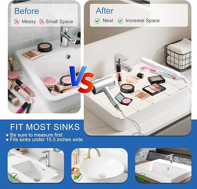 Mofason Large Bathroom Sink Makeup Mat Space Saver,Silicone Makeup Organizer Cover for Over Countertop,Small Bathroom Must Haves Accessories Rv Camper Travel Foldable Gadgets-Pearl