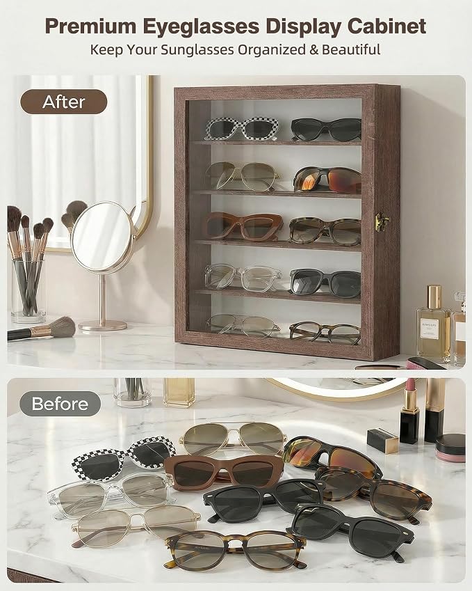 TJ.MOREE Sunglass Organizer Wall Mounted Glasses Holder Display Case 5 Tier | 13 x 15 inches Wooden Storage Box for Multiple Pairs Eyeglasses Sports Sunglasses