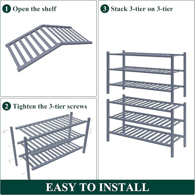 Smiry Bamboo Shoe Rack for Closet, 6 Tier Wooden Shoe Organizer, Stackable Wood Shoe Storage Shelf for Entryway, 14 Vertical Slats, 3+3 Stack Heavy-Duty Legs, 26.77"x11.02"x36.61", Grey