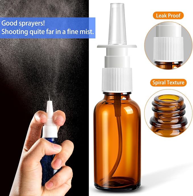 10 Pcs Nasal Spray Bottle, 1OZ/30ML Blue Brown Glass Empty Nasal Spray Bottles Refillable with 2Pcs Funnels and 2Pcs Labels