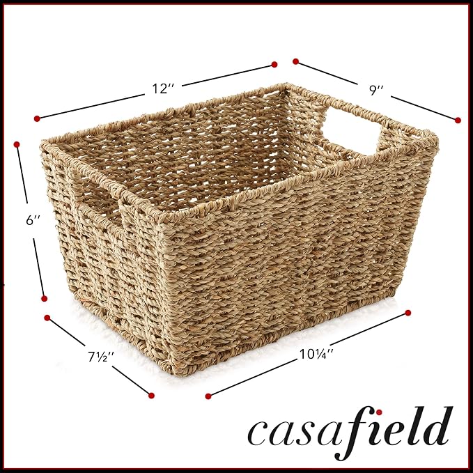 Casafield Set of 4 Seagrass Hyacinth Storage Baskets with Handles - Natural, Woven Storage Bins for Shelves, Blankets, Laundry Organization
