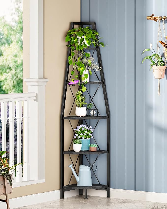 CHOEZON 5-Tier Corner Shelf, Corner Bookshelf, Ladder Shelf, Floor Standing Storage Rack, Open Display Stand, Plant Stand, for Living Room, Bedroom, Study, Bathroom, Black TCJ22BB