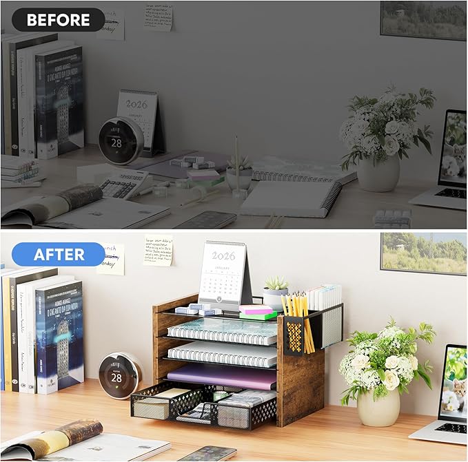 Simple Trending 5-Tier Wood Desk Organizer with Drawer & Pen Holder | 9"L x 12.75"W x 9.75"H. 4 trays + drawer + pen holder. Natural wood + metal. Fits letter-size. Easy assembly. 24h support.