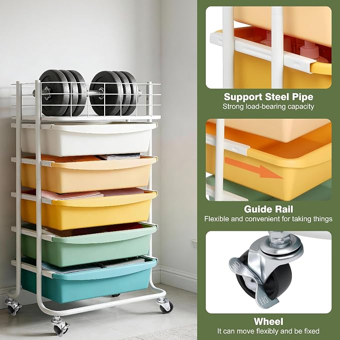 Rolling Storage Utility Cart Organizers with 5 Drawers and Metal Tabletop | 6-Tier Storage Craft Carts with Colorful Drawers and Wheels for Office, Bathroom, Bedroom, and Classroom Organization