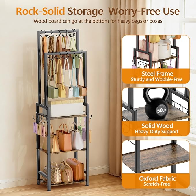 Tall Purse Organizer with Double Rods:Purse Rack Stand with 10 Purse Hanger & 6 Side Hooks,Visible Backpack Handbag Storage, Space-Saving Bag Organizer Rack for Home, Closet, Small Space,Black