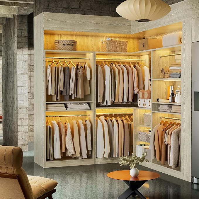 Unikito 108” Corner Closet System, 3-Piece L-Shaped Closet Organizer with 2 Closet Towers and 1 Corner Unit, Heavy Duty Wood Garment Rack with 6 Hanging Rods, Freestanding Walk-in Wardrobe, White Oak