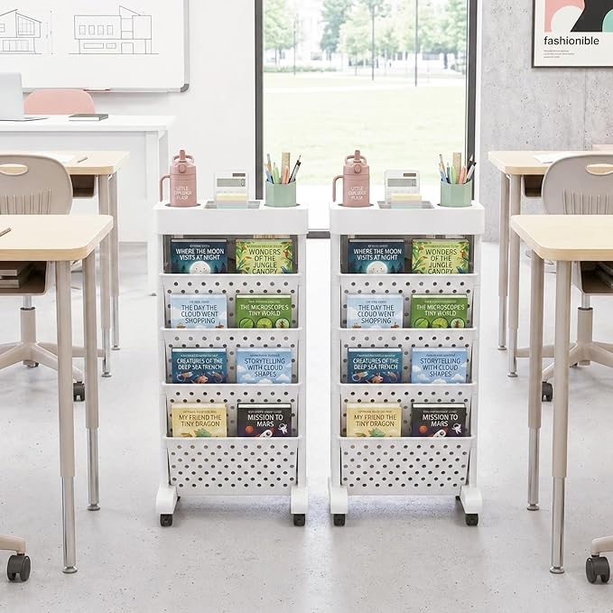 5-Tier Rolling Bookshelf Cart with Wheels, White | Slim Mobile Book Cart, Plastic Magazine Rack Rolling File Paper Organizer for Home Office Study Classroom Living Room