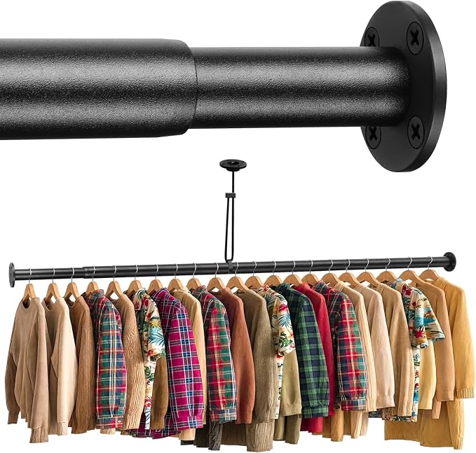 BaiNong Closet Rods for Hanging Clothes Adjustable 17"-82" Black Heavy Duty | Closet Rod for Closet Wardrobes,Walk-in Closet, Laundry RV With an Anti-Bending System