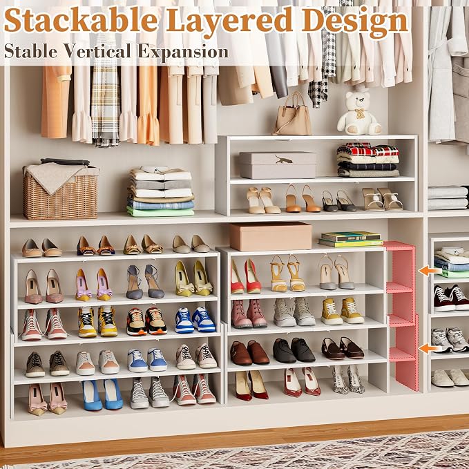 X-cosrack White Stackable Shoe Rack for Closet, Expandable 31.6-39.4 Inches 2-Tier Wooden & Metal Shoe Storage Shelf, Free Standing Shoe Rack for Entryway Bedroom Small Space