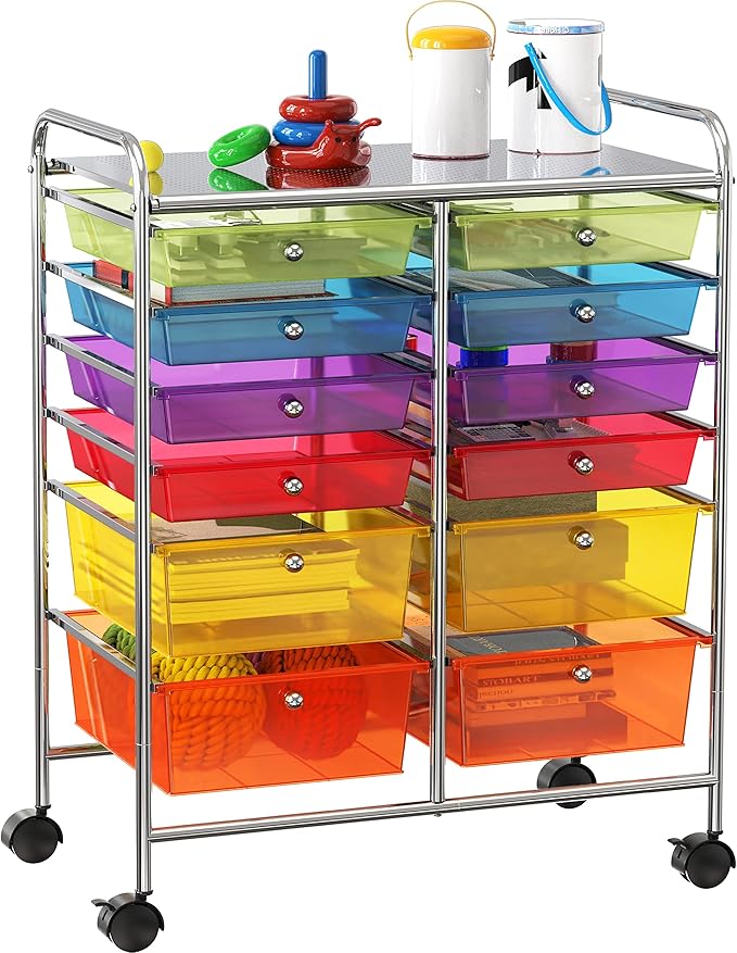 Simple Houseware 12 Drawers Rolling Utility Cart Organizer, Multicolor | 2-Column, 32" Height, Lockable Wheels, for School, Office, Art Craft, and Paper Storage