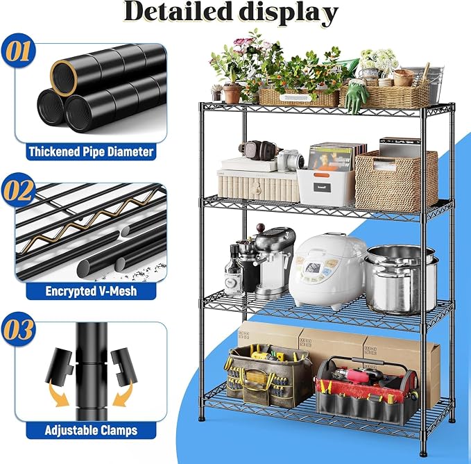 Xcity Storage Shelves, 4 Tier Heavy Duty Metal Shelving Unit with Wheels, 1600 LBS Adjustable Steel Wire Shelf for Commercial, Pantry, Kitchen, Garage, 18" D x 36" W x 60" H, Black