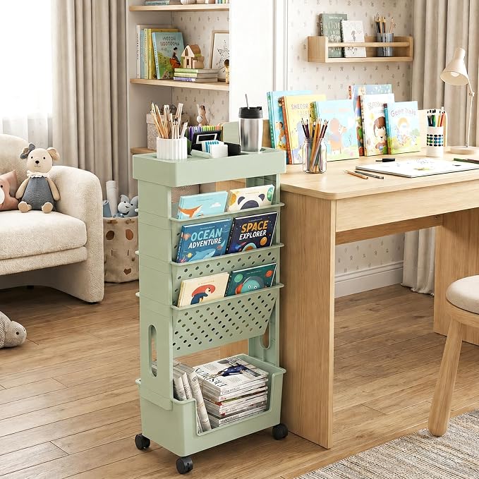 5-Tier Rolling Bookshelf Magazine Rack with Wheels Green | Mobile Bookcase, Book Storage, File Folder Organizer Cart for Home Study Office Living Room Classroom