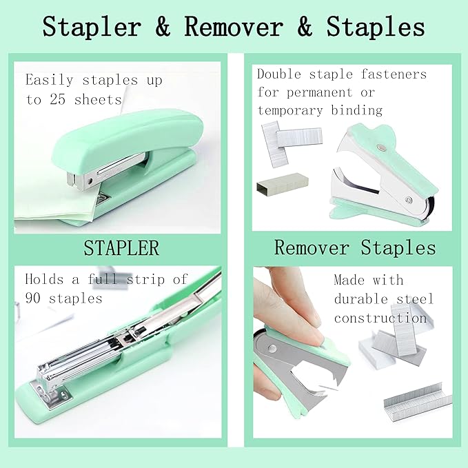 Dimonluce Green Office Supplies, Teal Desk Accessories Accessories with Tape Dispenser, Stapler, Staple Remover, 1000 Staples, Tape, Clips Set, Ruler, Scissor, Pen