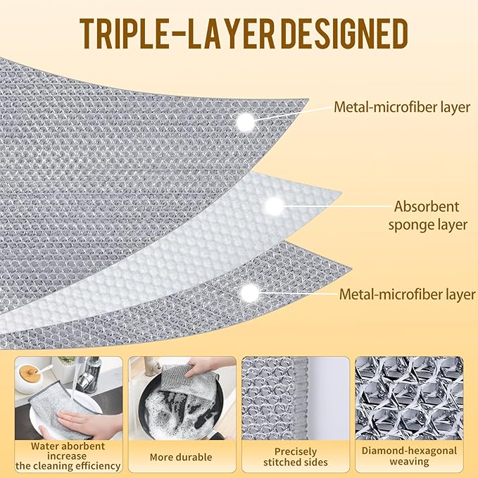Triple-Layer Wire Dishcloth, Multipurpose Wire Dishwashing Rags for Cleaning Dishes Cookware Microwave Stove Kitcken Counter Powerful and Quick Cleaning Ability Non Scratch Reusable Wet and Dry Use