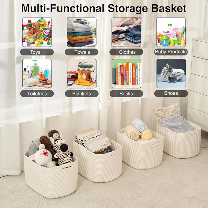 ICERZCZ Storage Baskets for Organizing & Shelves, Woven Cotton Rope Organization Bins for Dog Toys, Clothes, Books, Nursery Organizer, 15" Lx11''Wx9.5''H, (4 Packs) Off White