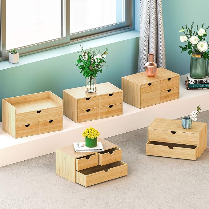 Bamboo Desk Organizer with Drawers, Desktop Storage for Office Supplies | 3 Drawers Desktop organizer, No Assembly Required, Natural Wood Wooden Desktop Drawers Box for Bills, Cosmetics, Seals, Paper