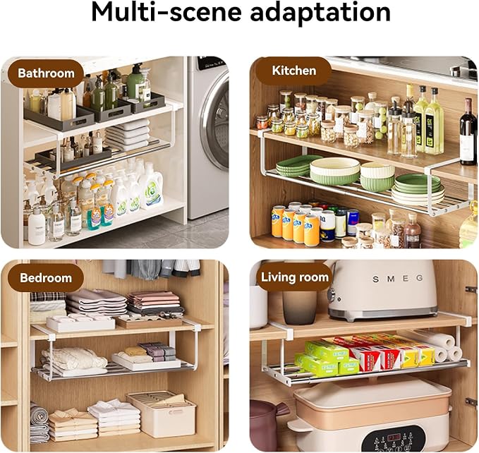 Expandable Shoe Rack Organizer - Adjustable Shoe Rack & Under Cabinet Shelf - for Shoe or Clothing Storage and Organization, Under Shelf Storage (Stainless,4Pcs)