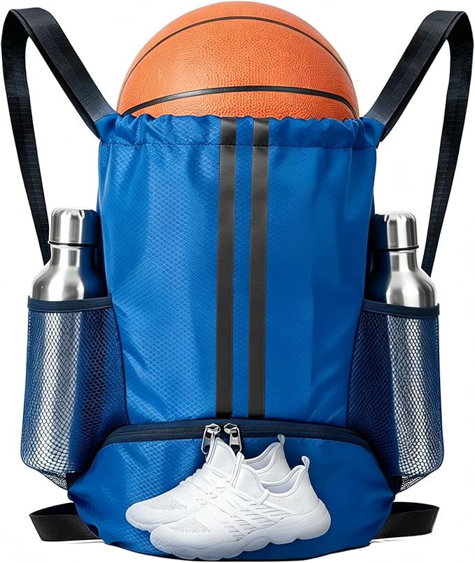 Blue Sports Drawstring Backpack with Shoes Compartment, String Gym Bag with Wet Proof Pocket for Basketball, Soccer, Swim, Sport Bag for Men and Women