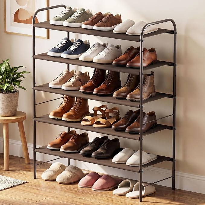 Simple Houseware 5-Tier Shoe Rack Storage Organizer, 15-24 Pairs, Bronze | Space-Saving Shoe Shelf with Sturdy Metal Frame and Non-Woven Fabric Shelves for Entryway, Garage & Corridor