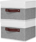 ANMINY 2PCS Storage Boxes with Lids Washable Decorative Storage Bins Basket with PU Leather Handle Foldable Linen Fabric Storage Cubes Containers for Home Closet Organizer - Gray White, Medium