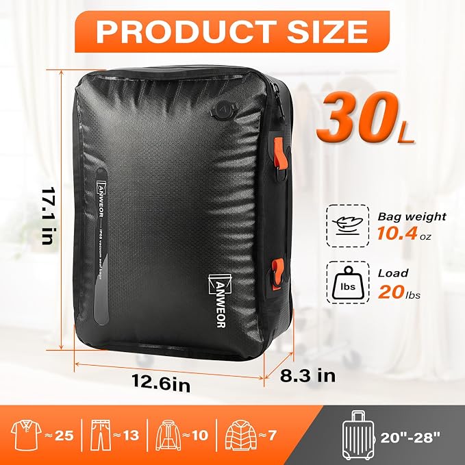 2 Pack Bag with Vacuum Travel for Suitcase, 30L Overpack Vacuum Bags w/Pump | IP68 Waterproof Compression Bags For Carry On Luggage&Backpacks, Reusable Nylon Vacuum Seal Bags For Clothing Travel Kit