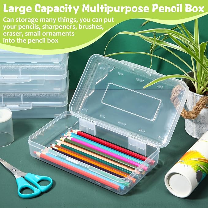 Blulu 50 Pack Large Plastic Pencil Case Box Clear Pencil Boxes Bulk Hard Crayon Box Storage with Snap Lids 8.1 x 4.7 x 2.2 Inch Painting Organizer Classroom Stationery School Supplies (Clear)