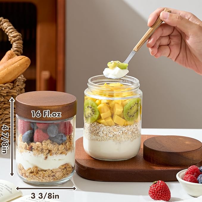 Danmu 16 oz Overnight Oats Containers with Lids,Glass Jars with Lids 4 Pack | Wooden Lid,Mason Jars for Overnight Oats,Meal Prep,Yogurt,Leak-proof,Dishwasher Safe(remove lids),Fridge Safe,Portable
