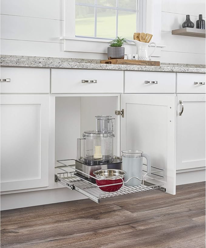 Rev-A-Shelf Steel Wire Pullout Drawer Organizer Shelf for Kitchen Cabinets, Slide Out Storage Basket, Min Opening Width of 20.5", 21" x 20", 5WB1-2120CR-1