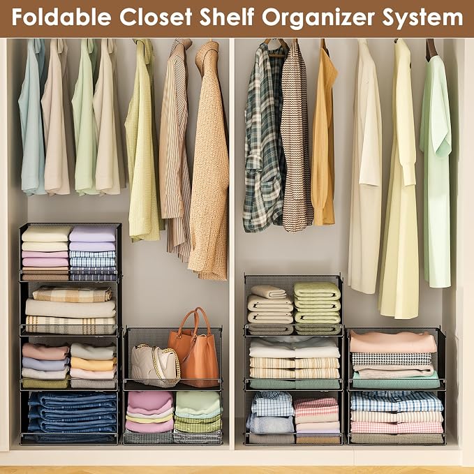 Tiaoheka 4-Tier Stackable Closet Organizers and Storage, Metal Wire Storage Shelves for Closet,Mesh Closet Shelves and Storage Bins for Clothes, Sweaters and Handbags