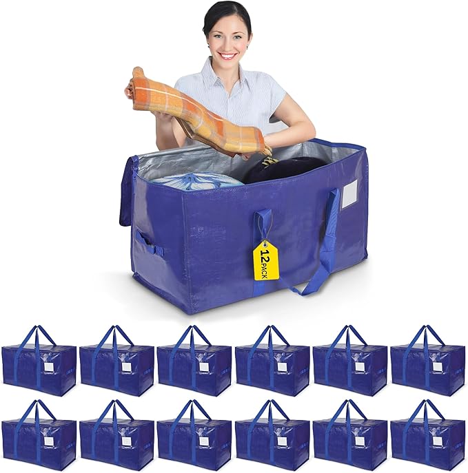 YAN & HIN 12 Pack Heavy Duty Moving Bags, Extra Large Storage Totes with Strong Zippers & Reinforced Handles, 65lbs Load, Foldable Moving Bags for Clothes, Blankets, Dorm, Travel & Storage