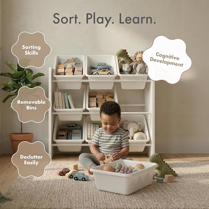 Humble Crew Toy Storage Organizer with 9 Removable Storage Bins for Kids Playroom, 3-Tier Toddler Toy Organization and Storage, White/White