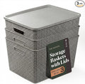 BINO | Plastic Storage Baskets with Lids, 33 Liter - 3 Pack, Natural Grey | THE WOVEN COLLECTION | Storage Basket for Shelves | Woven Storage Baskets for Organizing Bins | Pantry Shelf Organizer Bin