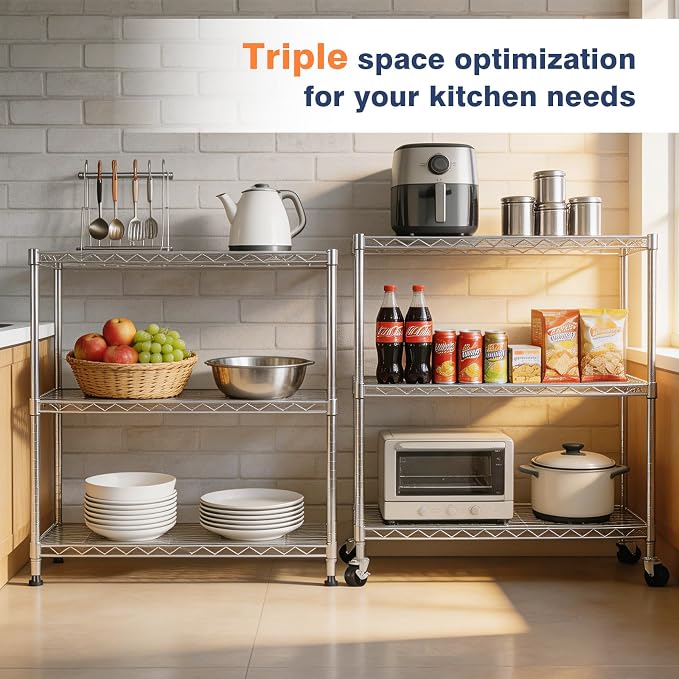 Adjustable 3-Tier Metal Wire Shelves on Wheels,35.4x17.7 x36.5(WxDxH), Heavy Duty Standing Storage Rack with Lockable Wheels, Wire Shelving Unit for Garage, Kitchen, Office, Pantry,Laundry